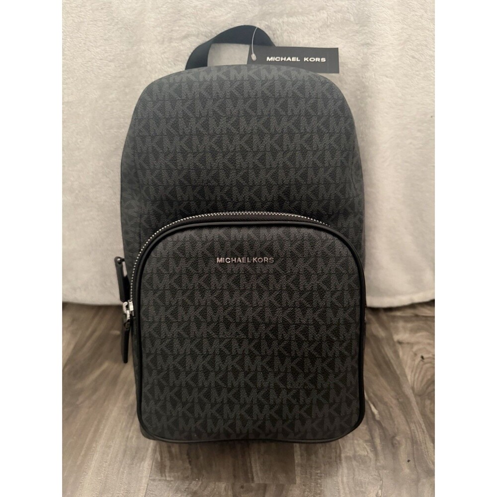 Michael Kors Men's Cooper Black/Gray Monogram Commuter Slingpack Backpack